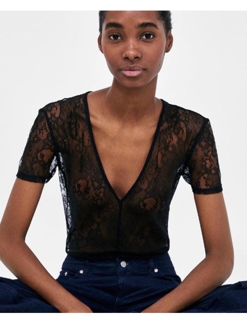 Zara Black Lace V-Neck bodysuit